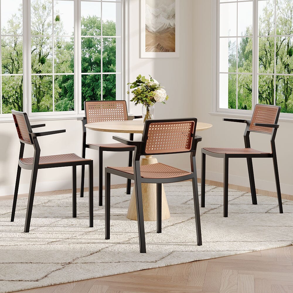 Stackable Plastic Rattan Look Dining Chairs with Armrests – Set of 4 Living and Home 