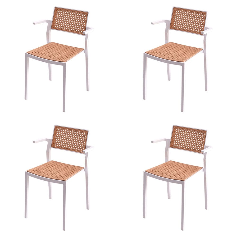 Stackable Plastic Rattan Look Dining Chairs with Armrests – Set of 4 Living and Home White 