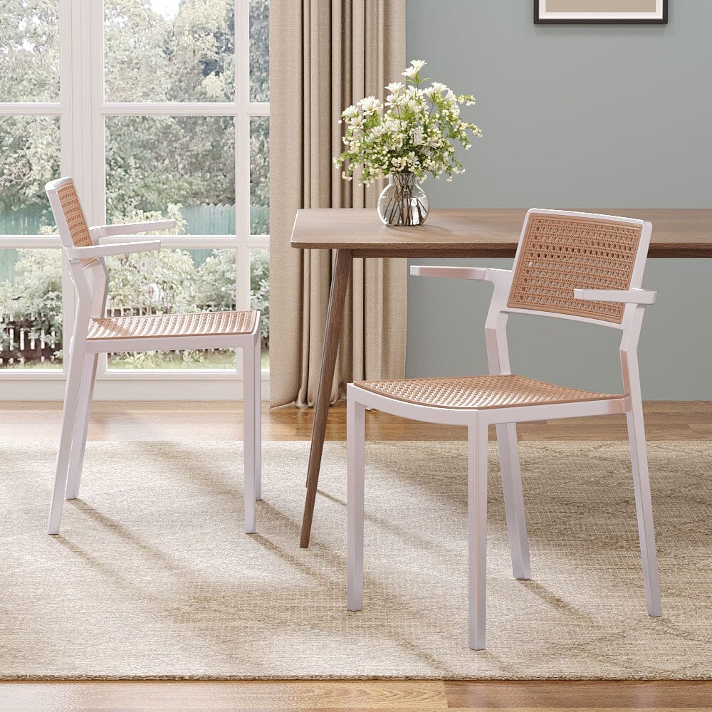 Stackable Plastic Rattan Look Dining Chairs with Armrests – Set of 4 Living and Home 