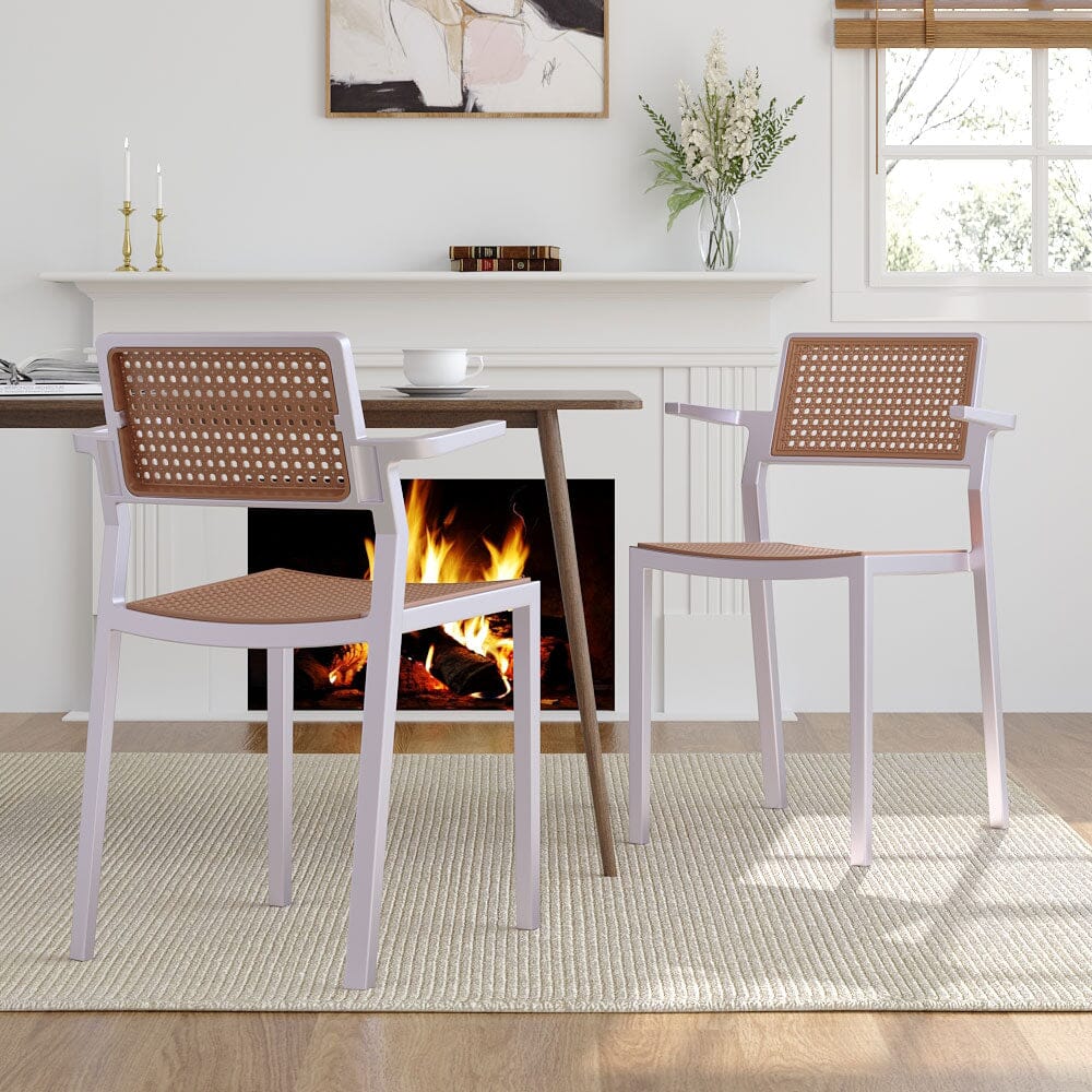 Stackable Plastic Rattan Look Dining Chairs with Armrests – Set of 4 Living and Home 