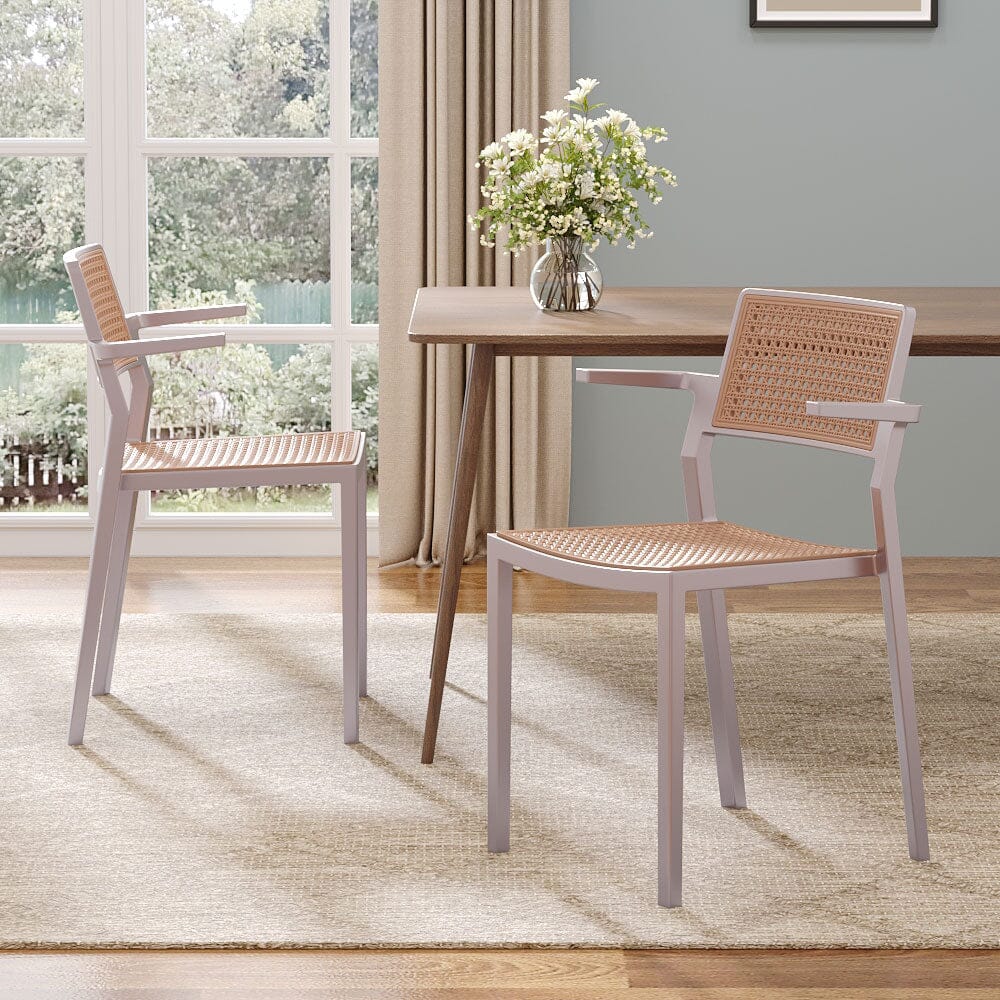Stackable Plastic Rattan Look Dining Chairs with Armrests – Set of 4 Living and Home 