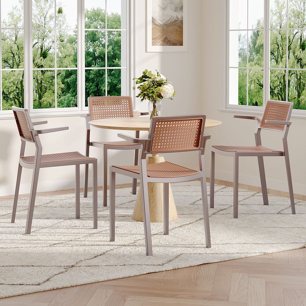 Stackable Plastic Rattan Look Dining Chairs with Armrests – Set of 4 Living and Home 