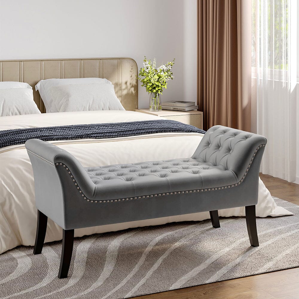 Chesterfield Style Tufted Bedroom Bench Velvet Fabric Living and Home Grey 