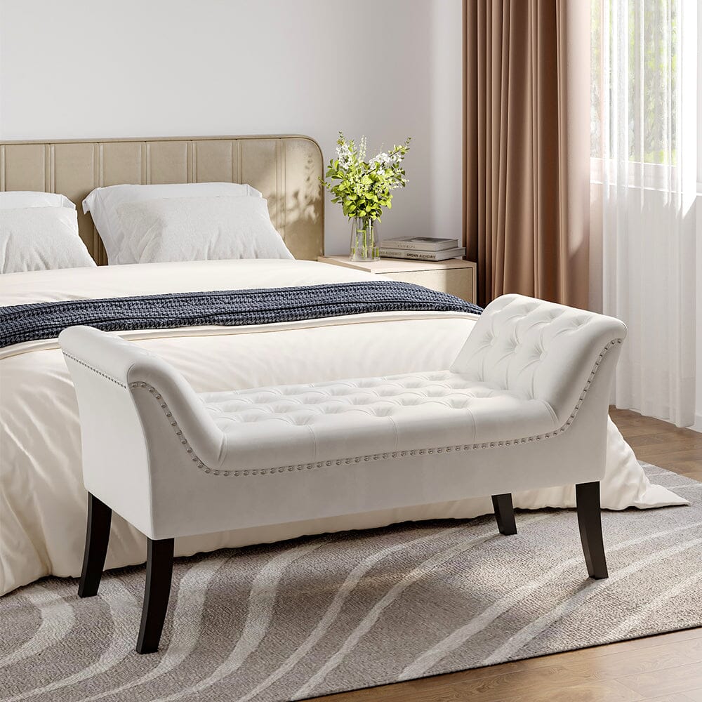Chesterfield Style Tufted Bedroom Bench Velvet Fabric Living and Home Beige 