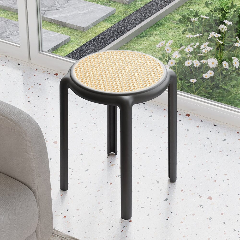 Stackable Rattan-Effect Round Stools PP Plastic Living and Home Black 