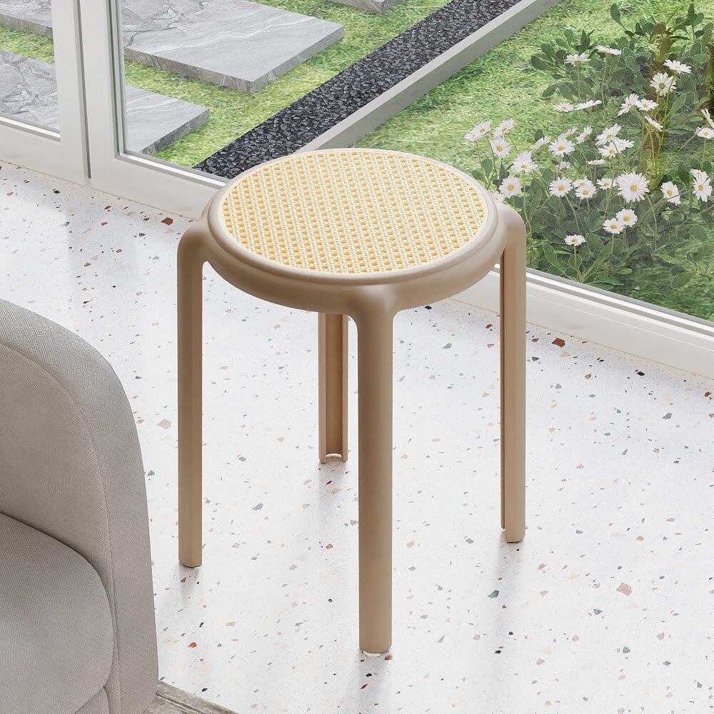 Stackable Rattan-Effect Round Stools PP Plastic Living and Home Taupe 