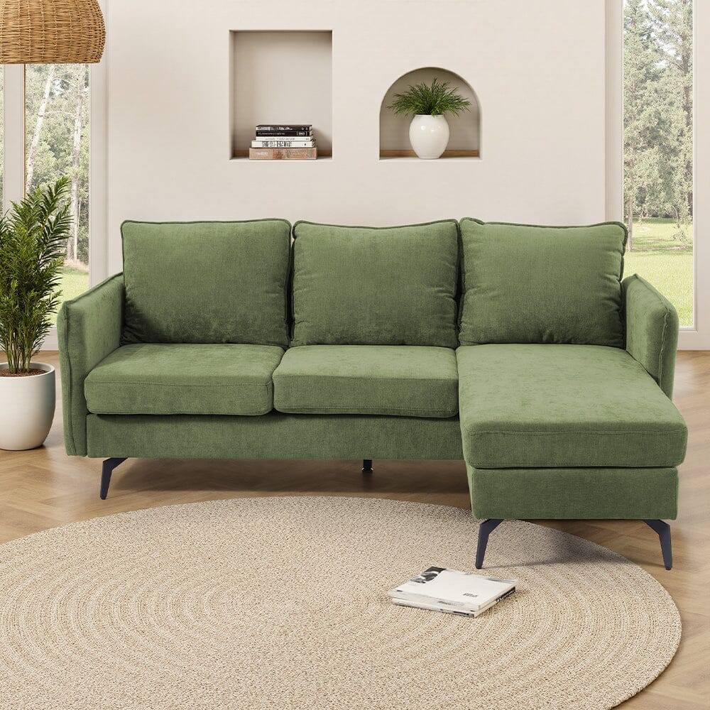Corner Sofa Green Grey Polyester Wooden Frame Spring Cushion Metal Legs Living and Home 