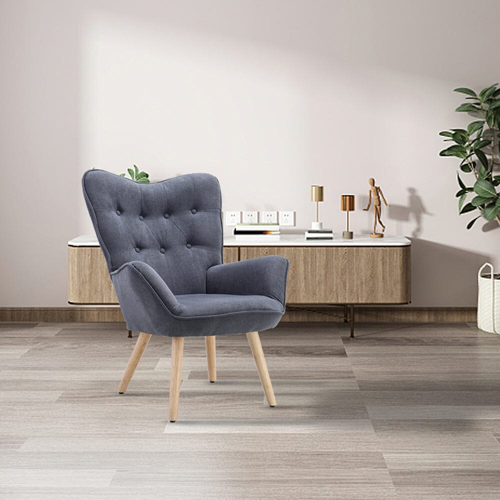 Tufted Button Linen Armchair with Wooden Legs Armchair Living and Home 