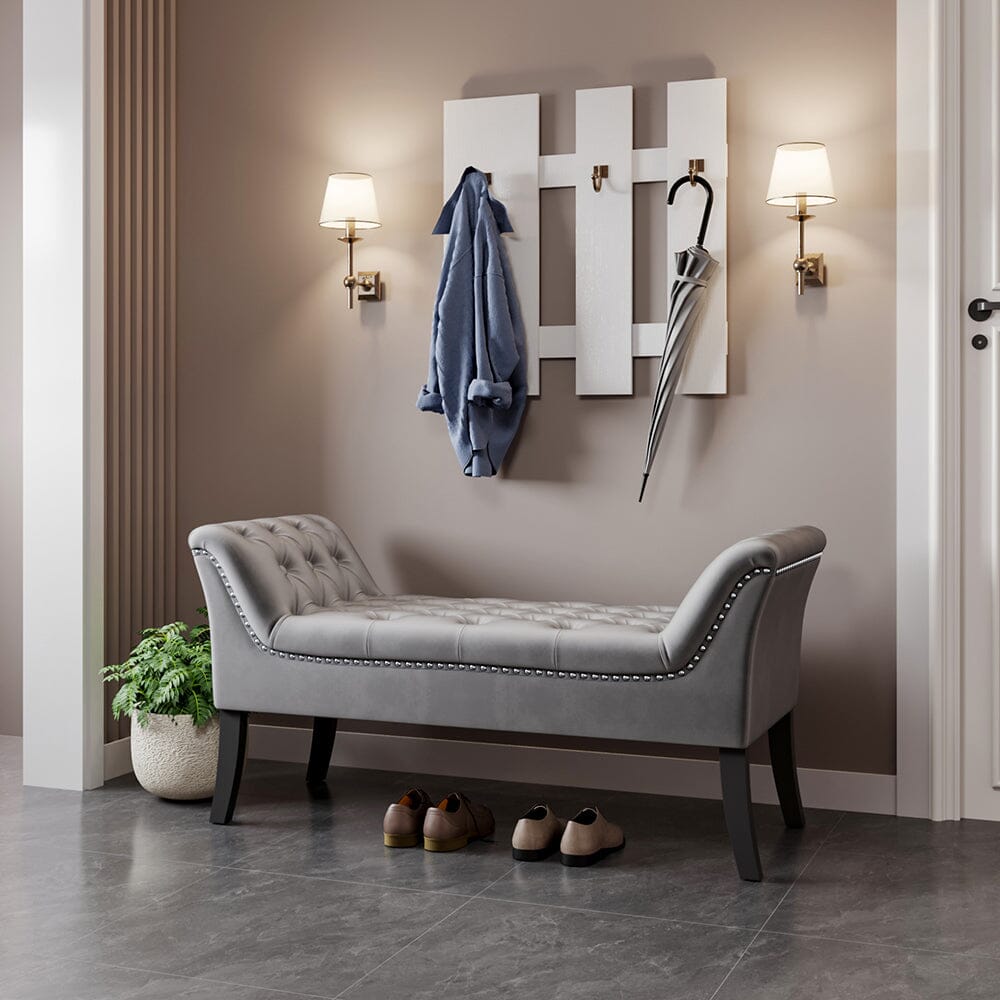 Tufted Velvet Buttoned Bench with Raised Arms Benches Living and Home Gray 