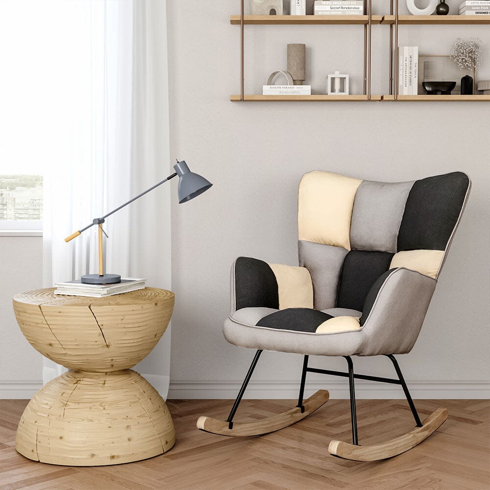 Tufted Linen Upholstered Rocking Chair Rocking Chairs Living and Home Black+White+Grey 1 Unit 