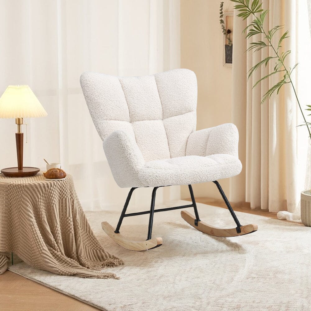 Tufted Linen Upholstered Rocking Chair Rocking Chairs Living and Home White 1 Unit 