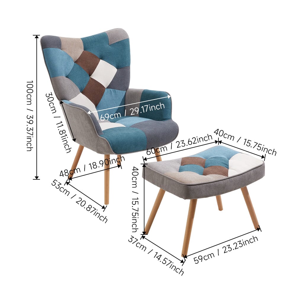 Colour Block Upholstered Wingback Armchair with Footstool Armchair Living and Home 
