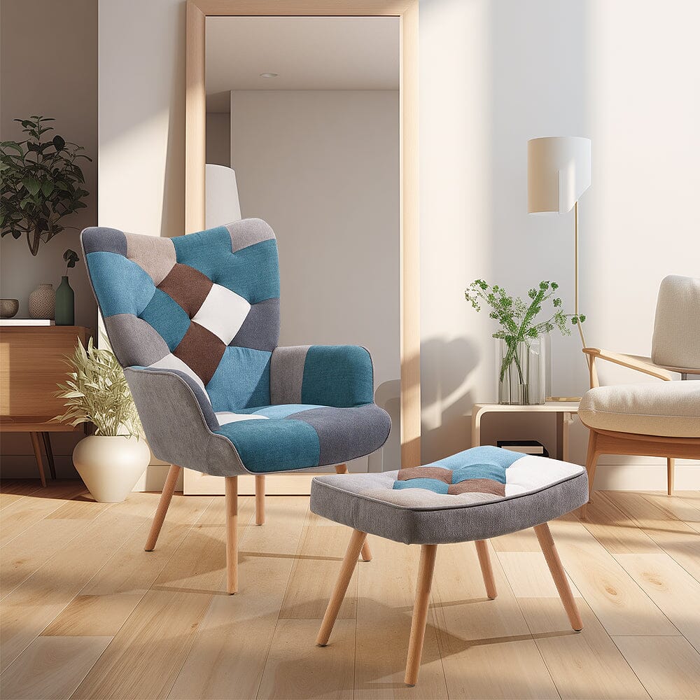 Colour Block Upholstered Wingback Armchair with Footstool Armchair Living and Home 