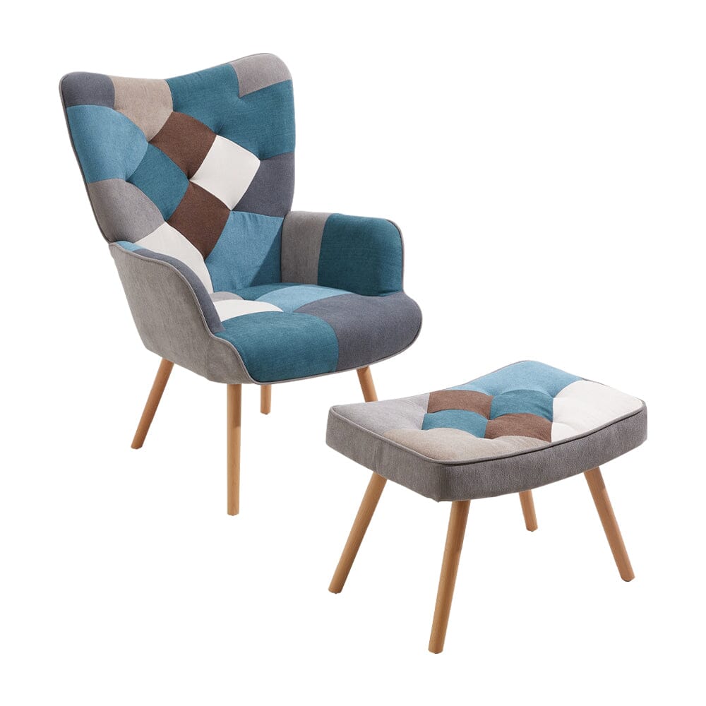 Colour Block Upholstered Wingback Armchair with Footstool Armchair Living and Home 