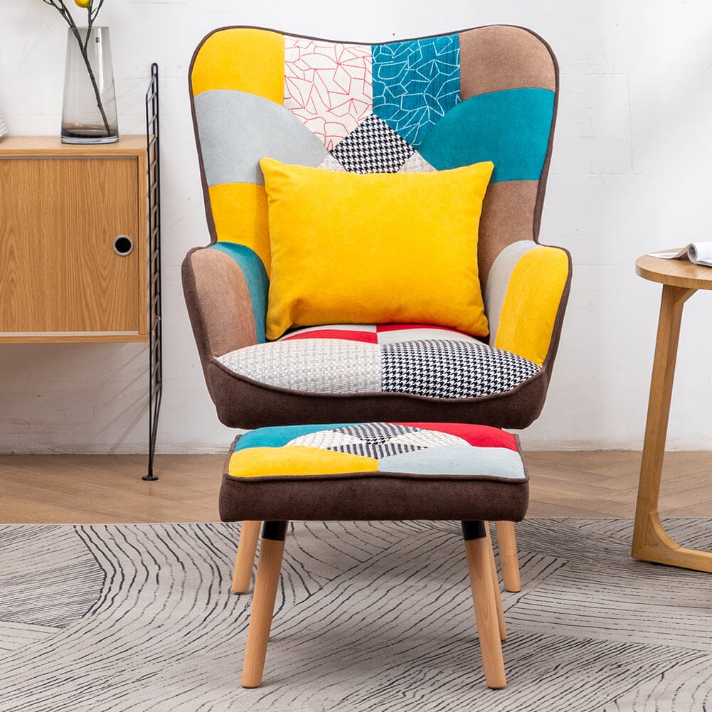 Patterned Fabric Accent Chair with Ottoman & Throw Pillow Living and Home 