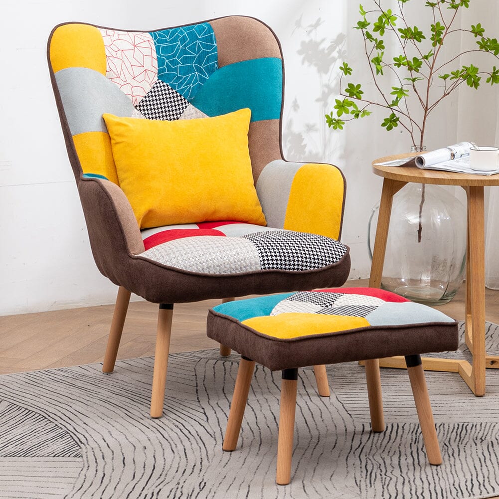 Patterned Fabric Accent Chair with Ottoman & Throw Pillow Living and Home 