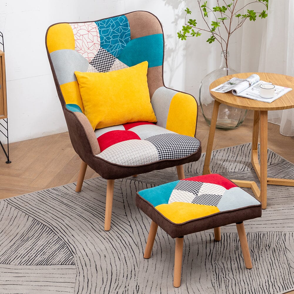 Patterned Fabric Accent Chair with Ottoman & Throw Pillow Living and Home 