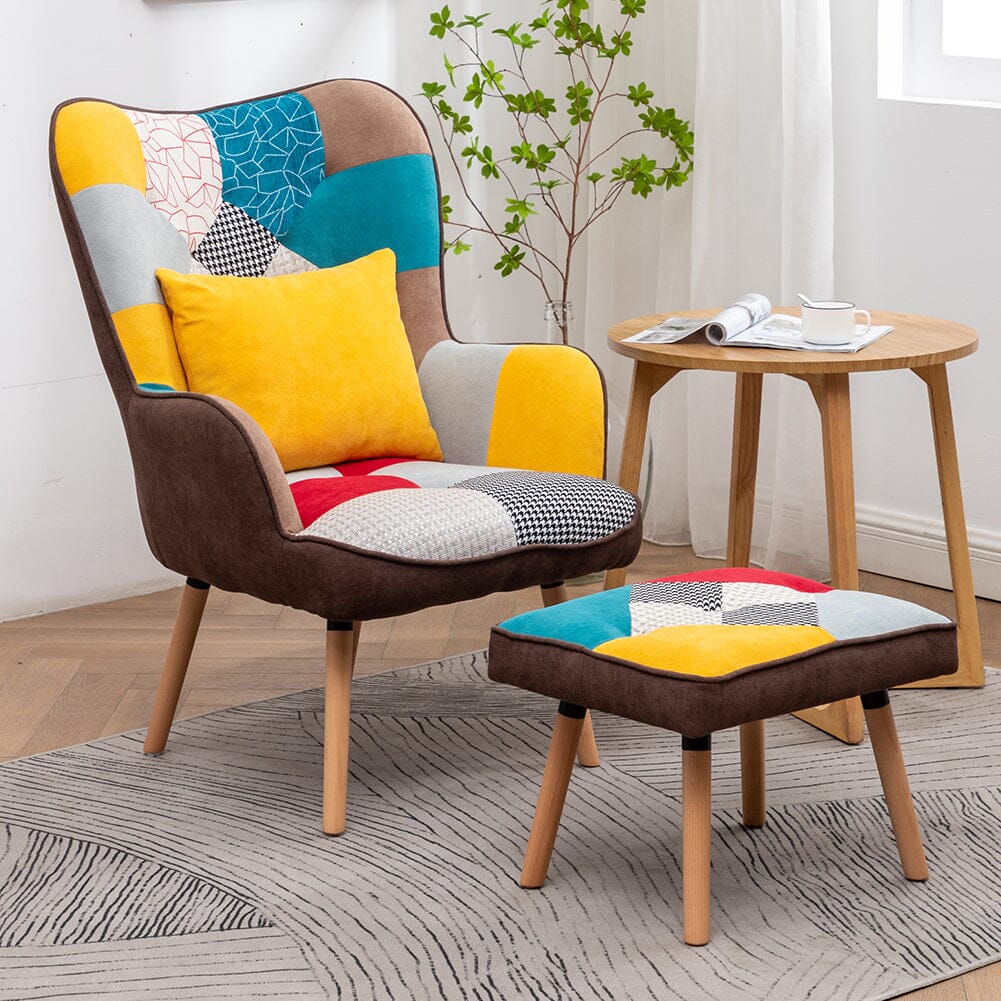 Patterned Fabric Accent Chair with Ottoman & Throw Pillow Living and Home 
