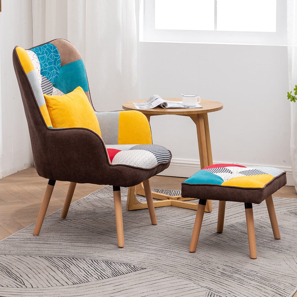 Patterned Fabric Accent Chair with Ottoman & Throw Pillow Living and Home 