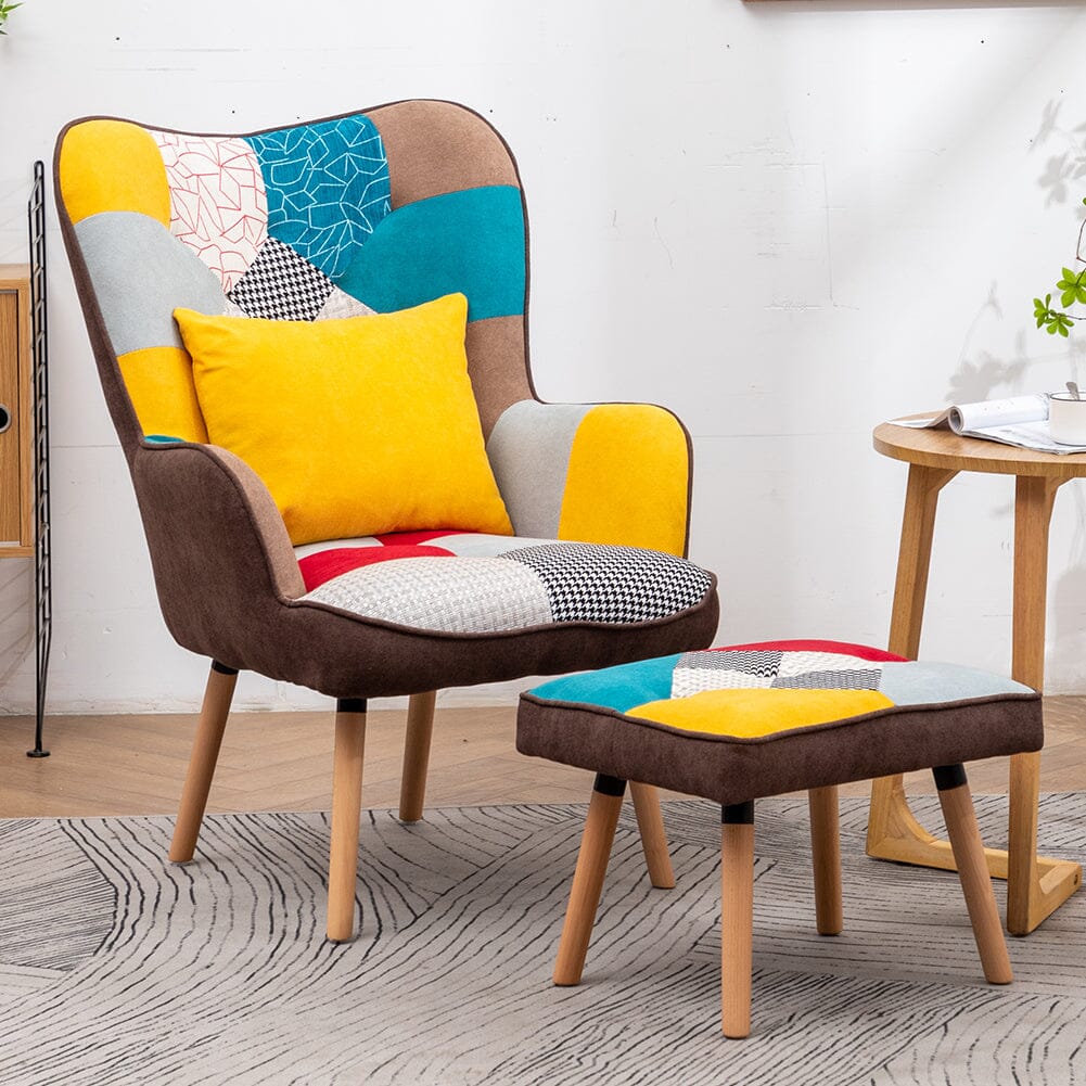 Patterned Fabric Accent Chair with Ottoman & Throw Pillow Living and Home 