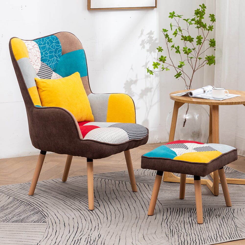 Patterned Fabric Accent Chair with Ottoman & Throw Pillow Living and Home 
