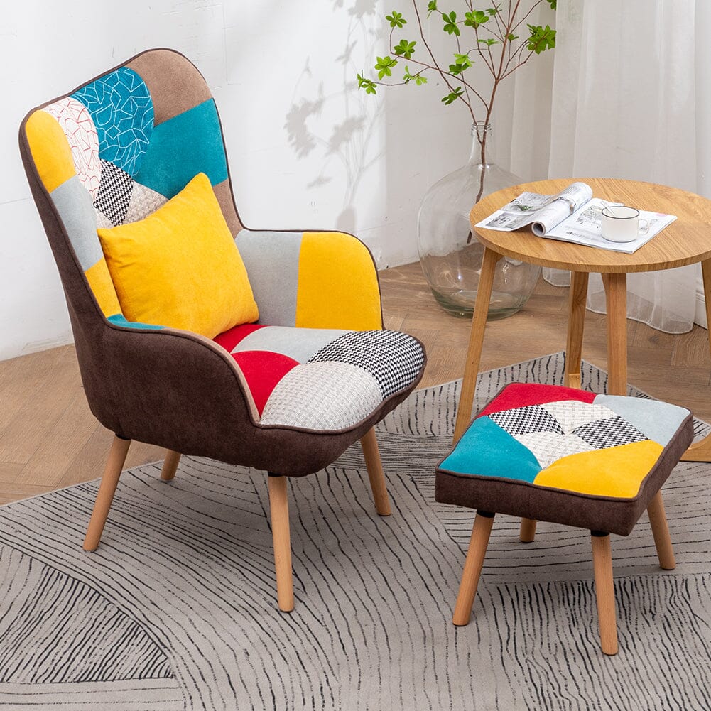 Patterned Fabric Accent Chair with Ottoman & Throw Pillow Living and Home 