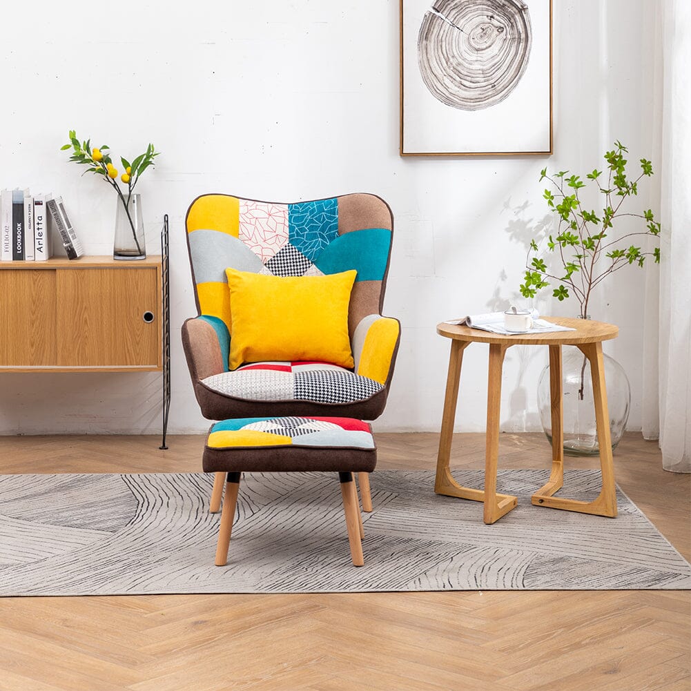 Patterned Fabric Accent Chair with Ottoman & Throw Pillow Living and Home 