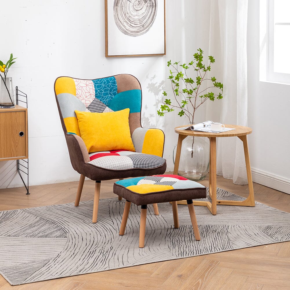 Patterned Fabric Accent Chair with Ottoman & Throw Pillow Living and Home 