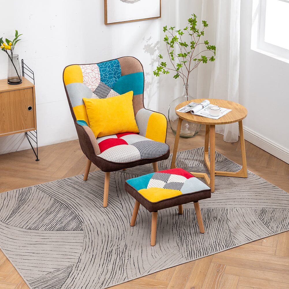 Patterned Fabric Accent Chair with Ottoman & Throw Pillow Living and Home 