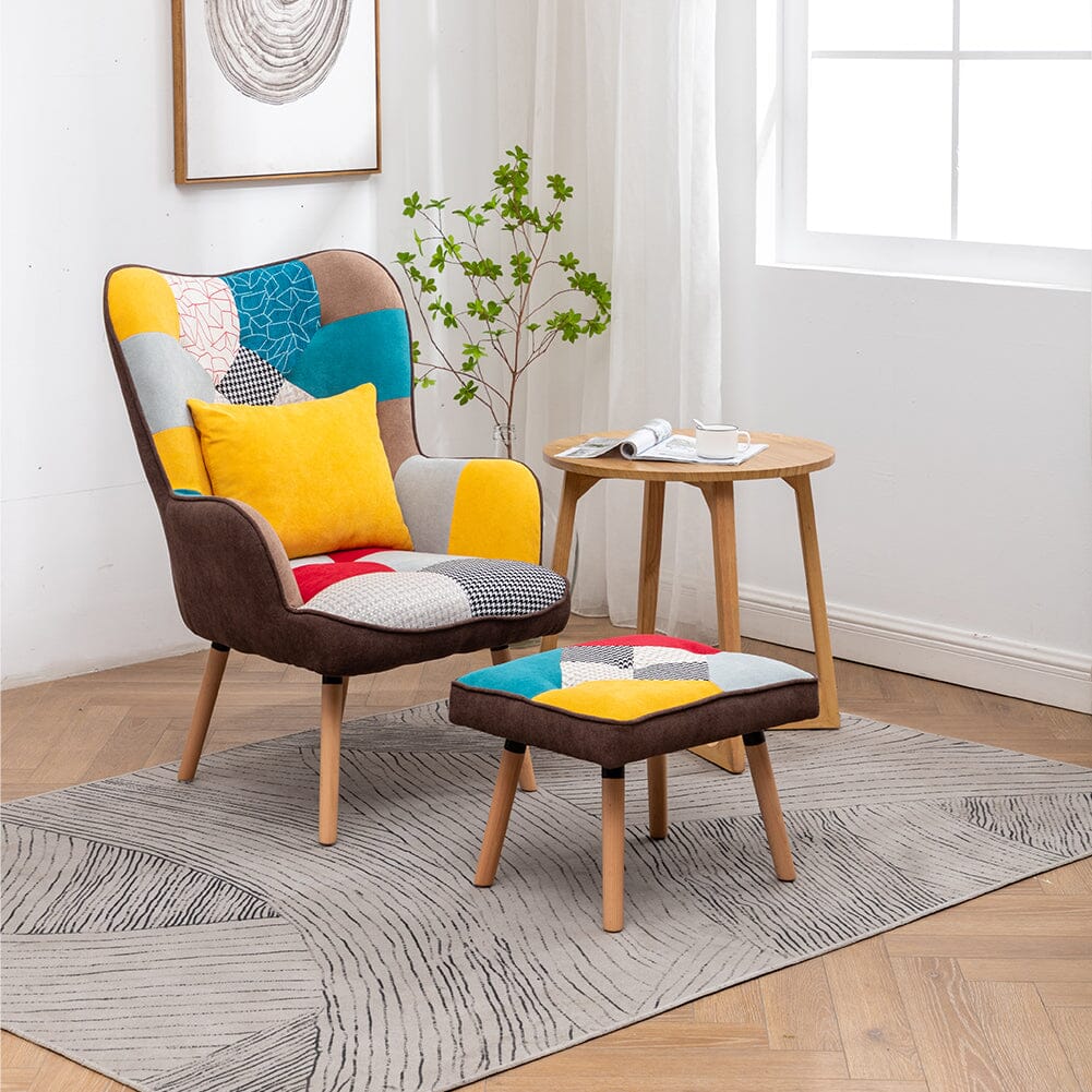 Patterned Fabric Accent Chair with Ottoman & Throw Pillow Living and Home 