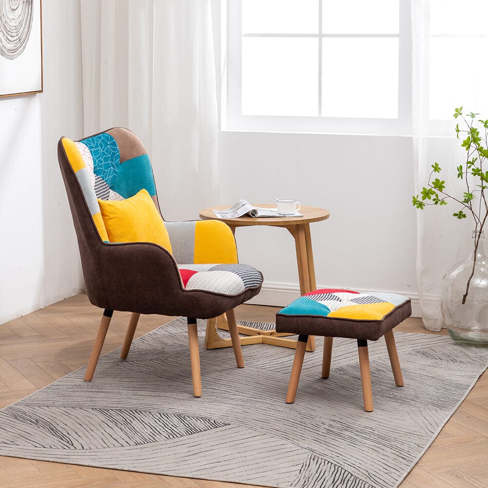 Patterned Fabric Accent Chair with Ottoman & Throw Pillow Living and Home 