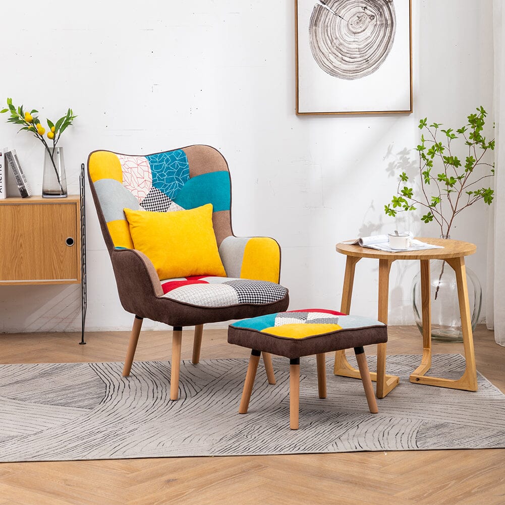 Patterned Fabric Accent Chair with Ottoman & Throw Pillow Living and Home 