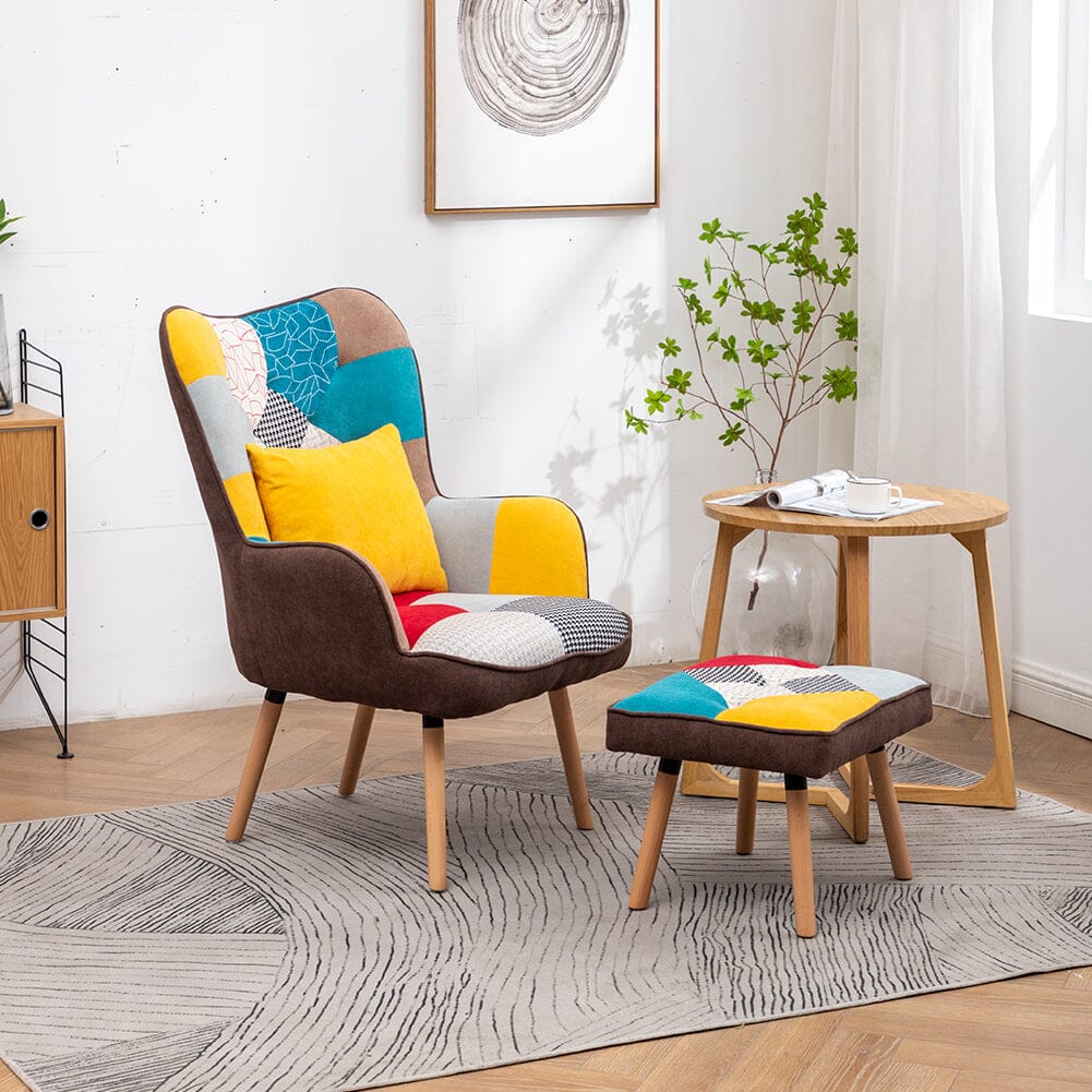 Patterned Fabric Accent Chair with Ottoman & Throw Pillow Living and Home 