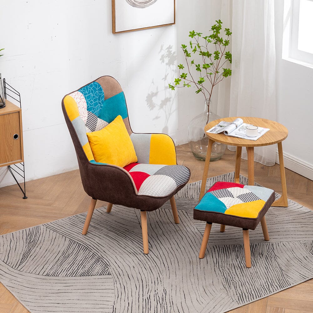 Patterned Fabric Accent Chair with Ottoman & Throw Pillow Living and Home 