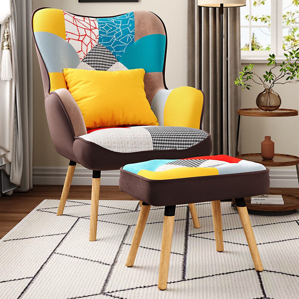 Patterned Fabric Accent Chair with Ottoman & Throw Pillow Living and Home 