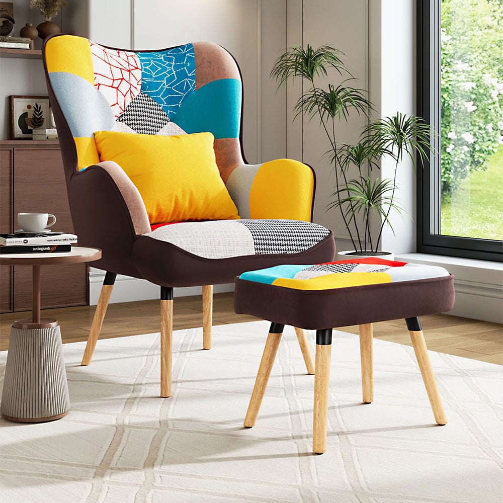 Patterned Fabric Accent Chair with Ottoman & Throw Pillow Living and Home 