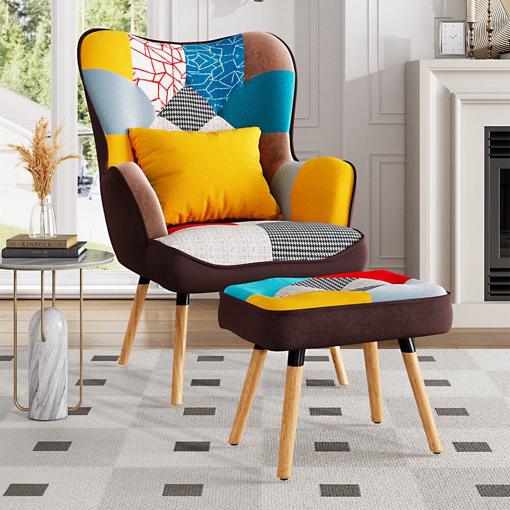 Patterned Fabric Accent Chair with Ottoman & Throw Pillow Living and Home 