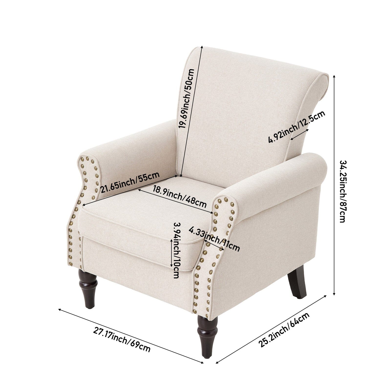 Accent Chair Beige Velvet Linen Studded Detail Rubber Wood Legs Living and Home 