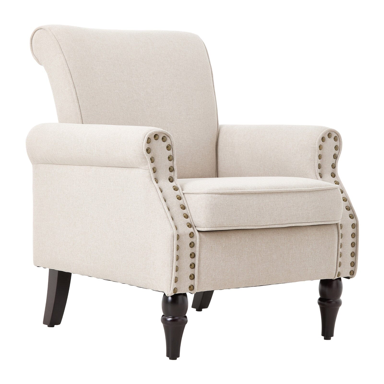 Accent Chair Beige Velvet Linen Studded Detail Rubber Wood Legs Living and Home 