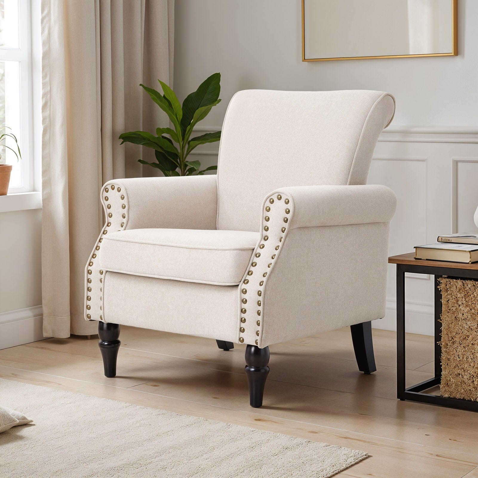 Accent Chair Beige Velvet Linen Studded Detail Rubber Wood Legs Living and Home 