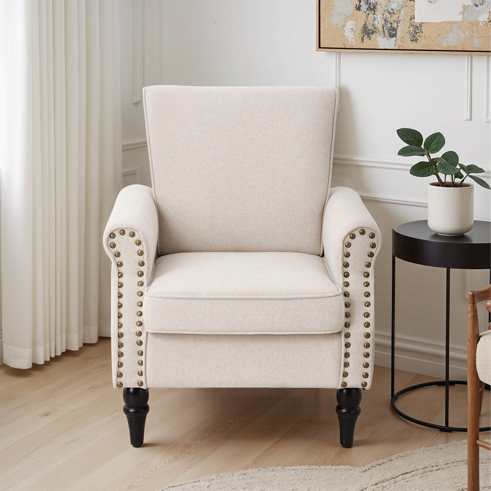 Accent Chair Beige Velvet Linen Studded Detail Rubber Wood Legs Living and Home 