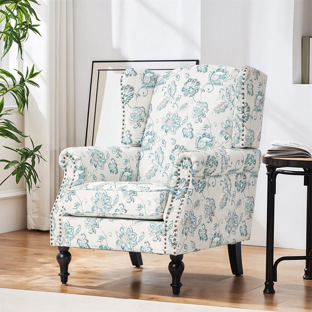 Accent Chair Green Floral Velvet Linen Rubber Wood Legs Living and Home 