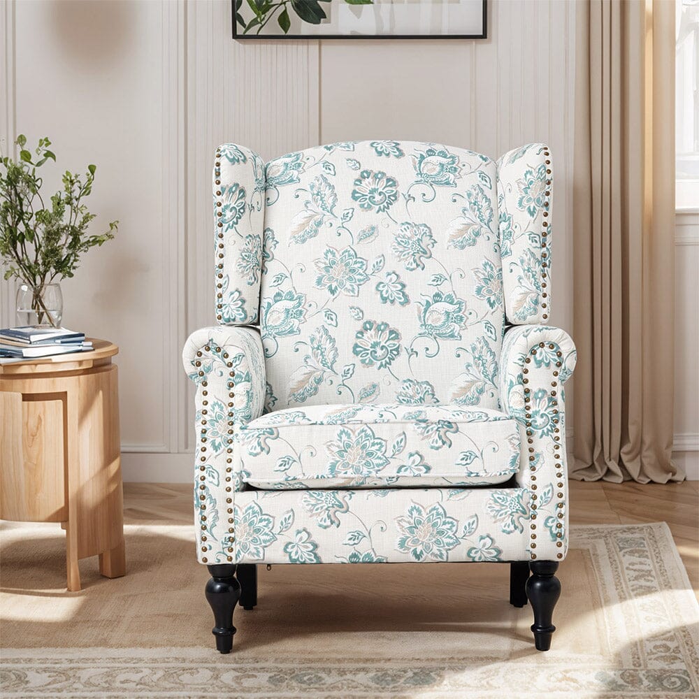 Accent Chair Green Floral Velvet Linen Rubber Wood Legs Living and Home 