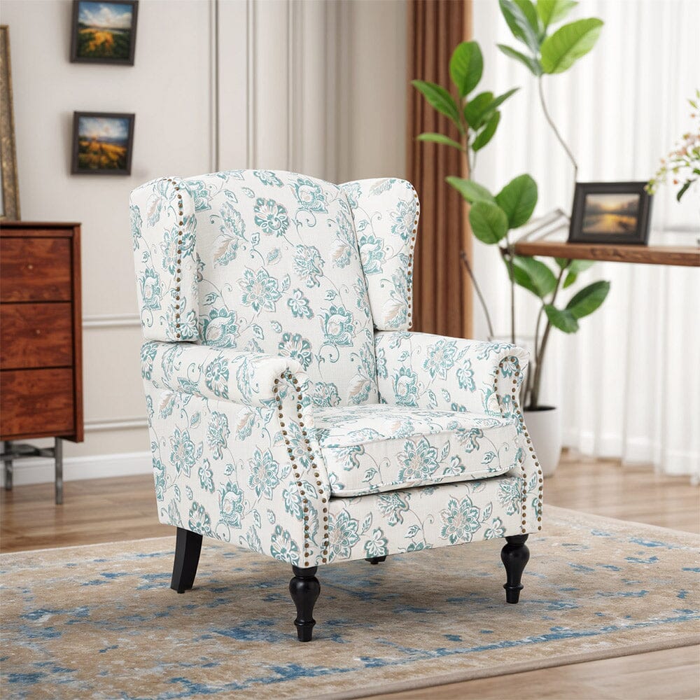 Accent Chair Green Floral Velvet Linen Rubber Wood Legs Living and Home 