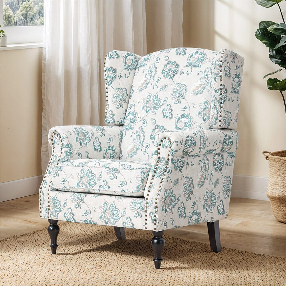 Accent Chair Green Floral Velvet Linen Rubber Wood Legs Living and Home 
