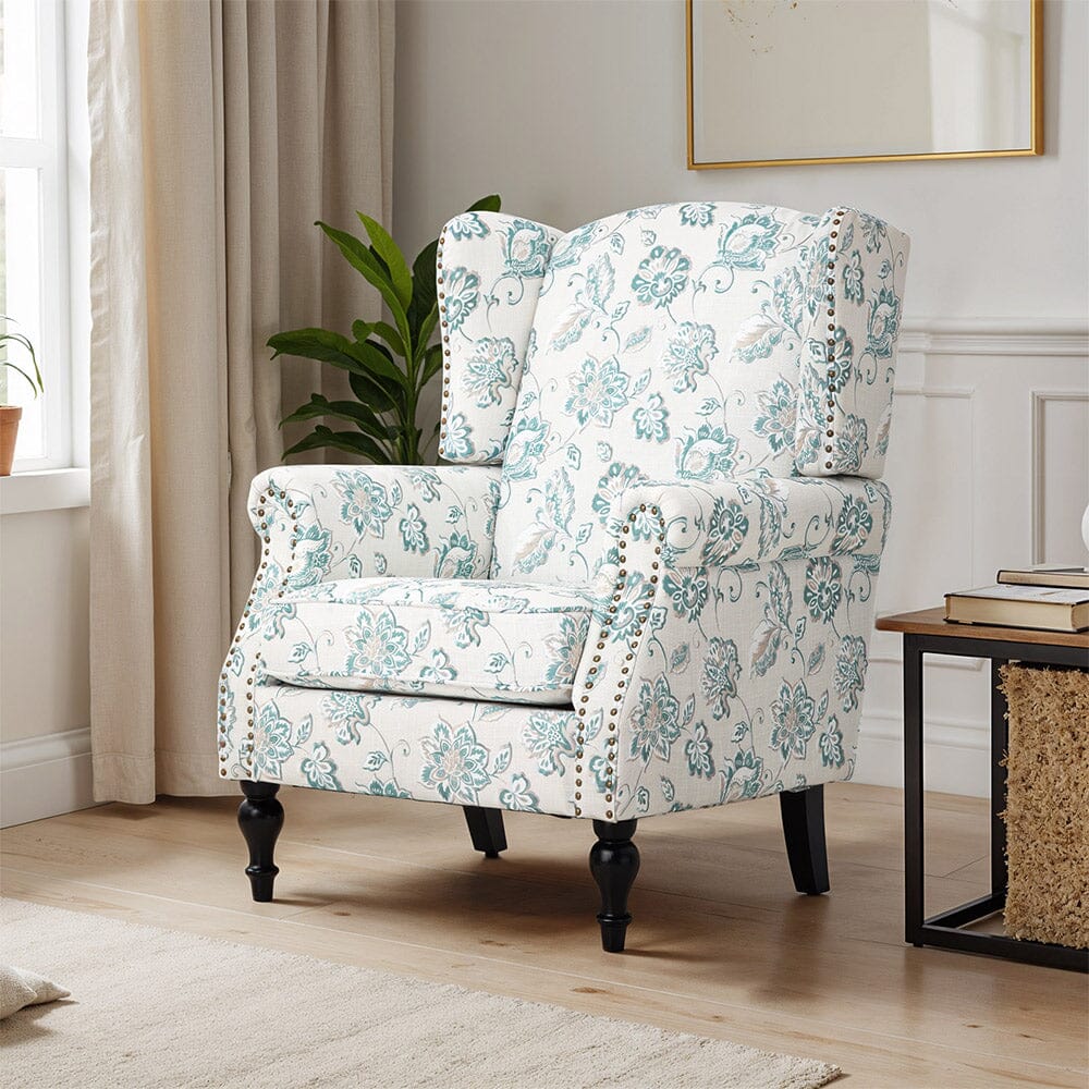 Accent Chair Green Floral Velvet Linen Rubber Wood Legs Living and Home 