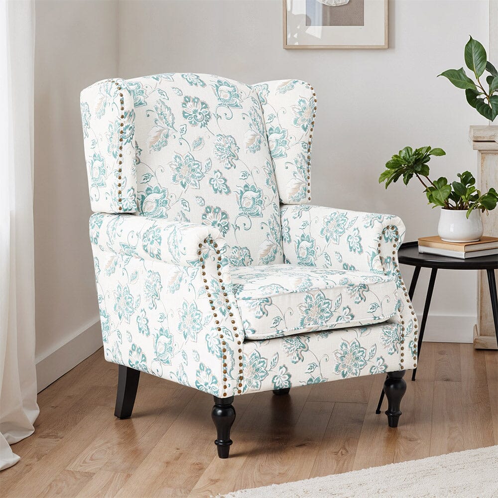Accent Chair Green Floral Velvet Linen Rubber Wood Legs Living and Home 