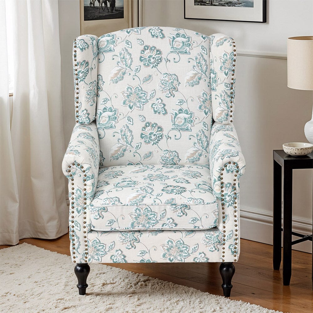 Accent Chair Green Floral Velvet Linen Rubber Wood Legs Living and Home 