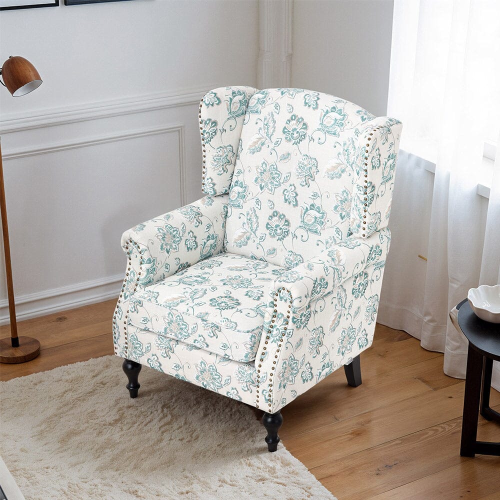 Accent Chair Green Floral Velvet Linen Rubber Wood Legs Living and Home 