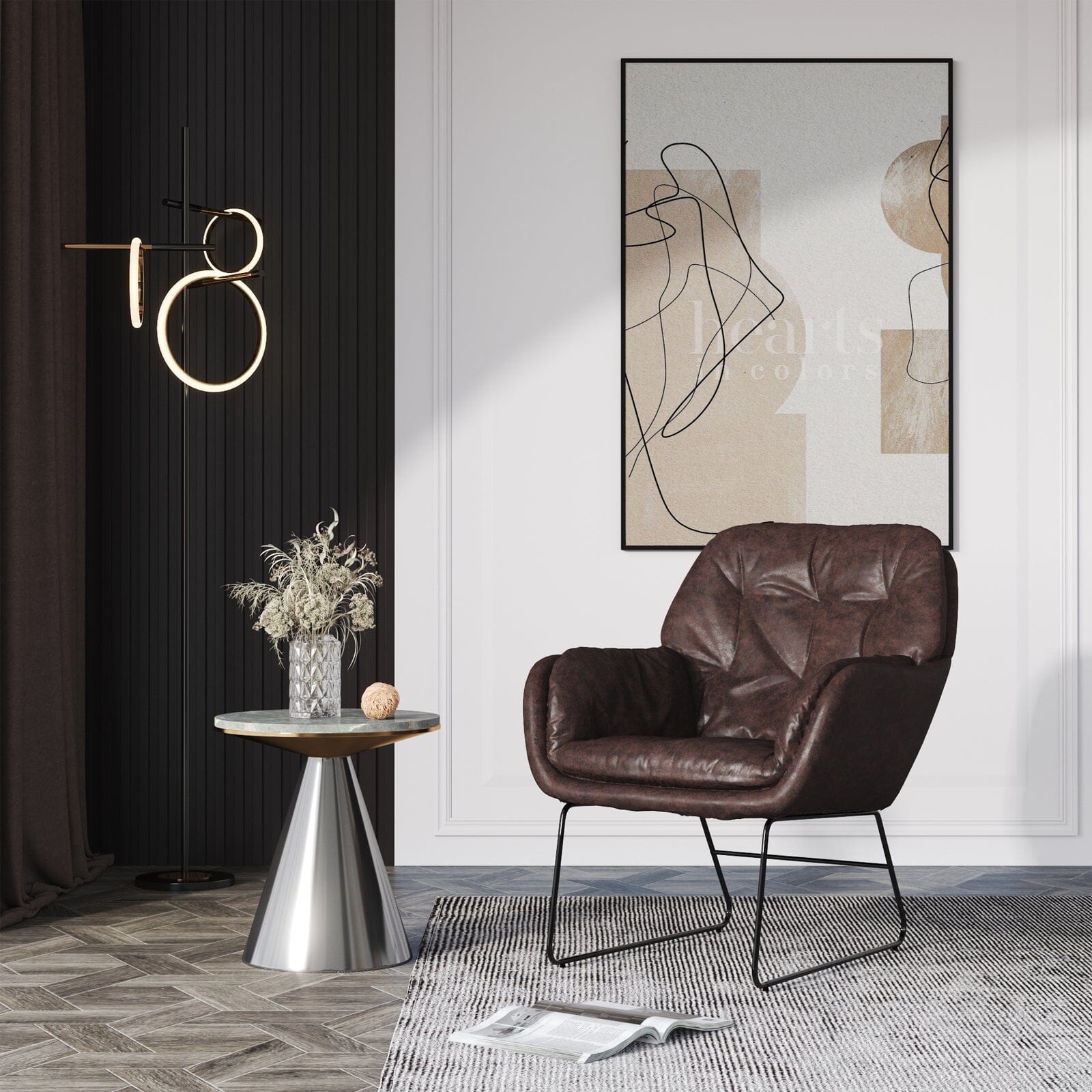 Contemporary Metal Legs Tufted Leisure Armchair Armchair Living and Home Dark Brown Leather 